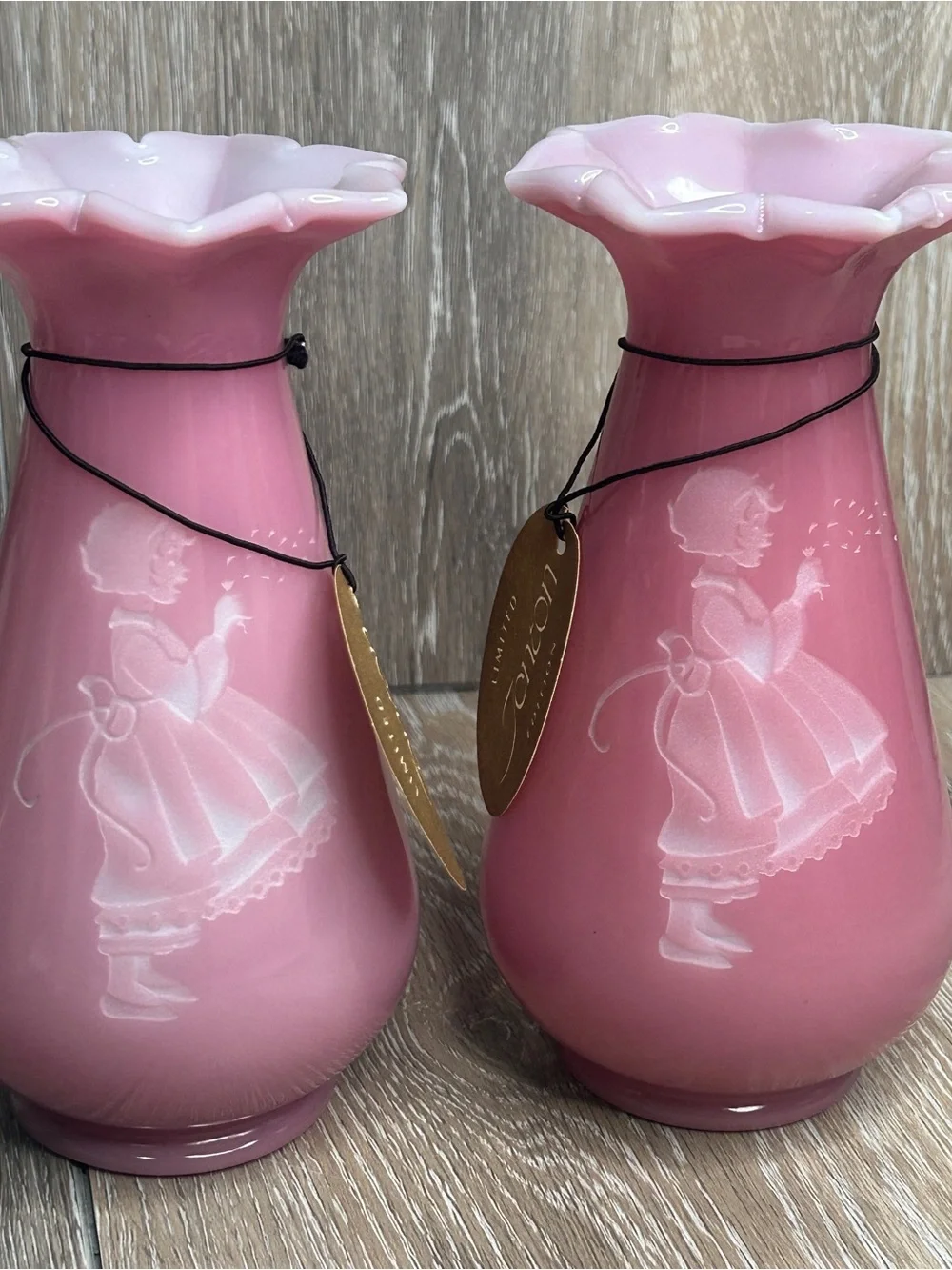 Vintage Fenton Rose Quartz Sand Carved Glass Vases Pair Limited Edition 7.5